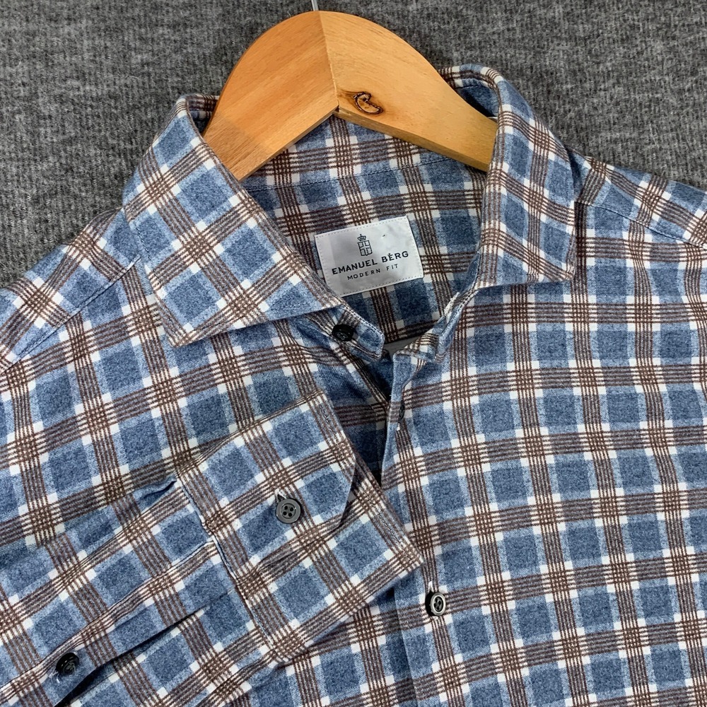 Emanuel Berg Shirt Men Medium Check Flannel Soft Button Up Performance Stretch